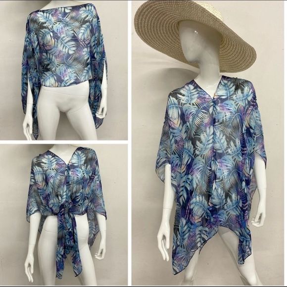 New Semi Sheer Blue Tropical Print Swimsuit Cover Up or Sheer Tie Waist Shirt - Picture 1 of 5